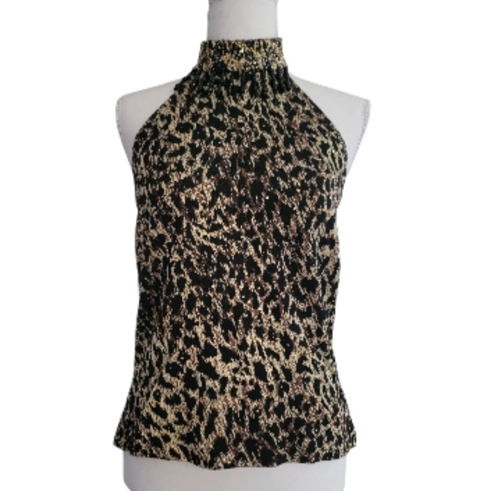 St. John Evening Animal Print Halter Top Metallic Beaded Neckline Leopard Glam S